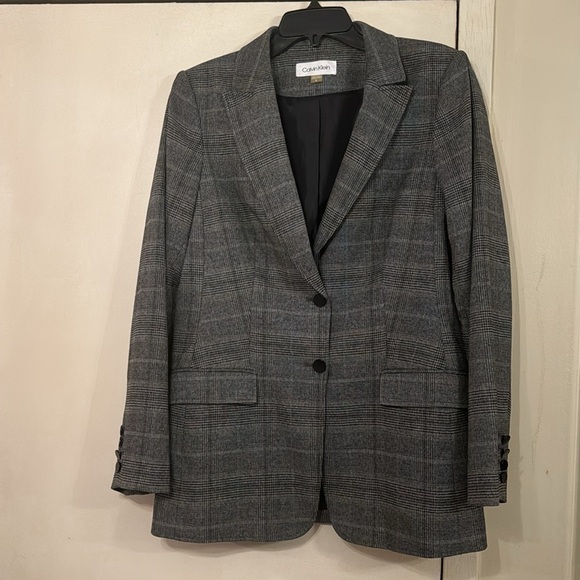 CALVIN KLEIN grey plaid ladies classic two button blazer -Sz.12 like new - Picture 3 of 9